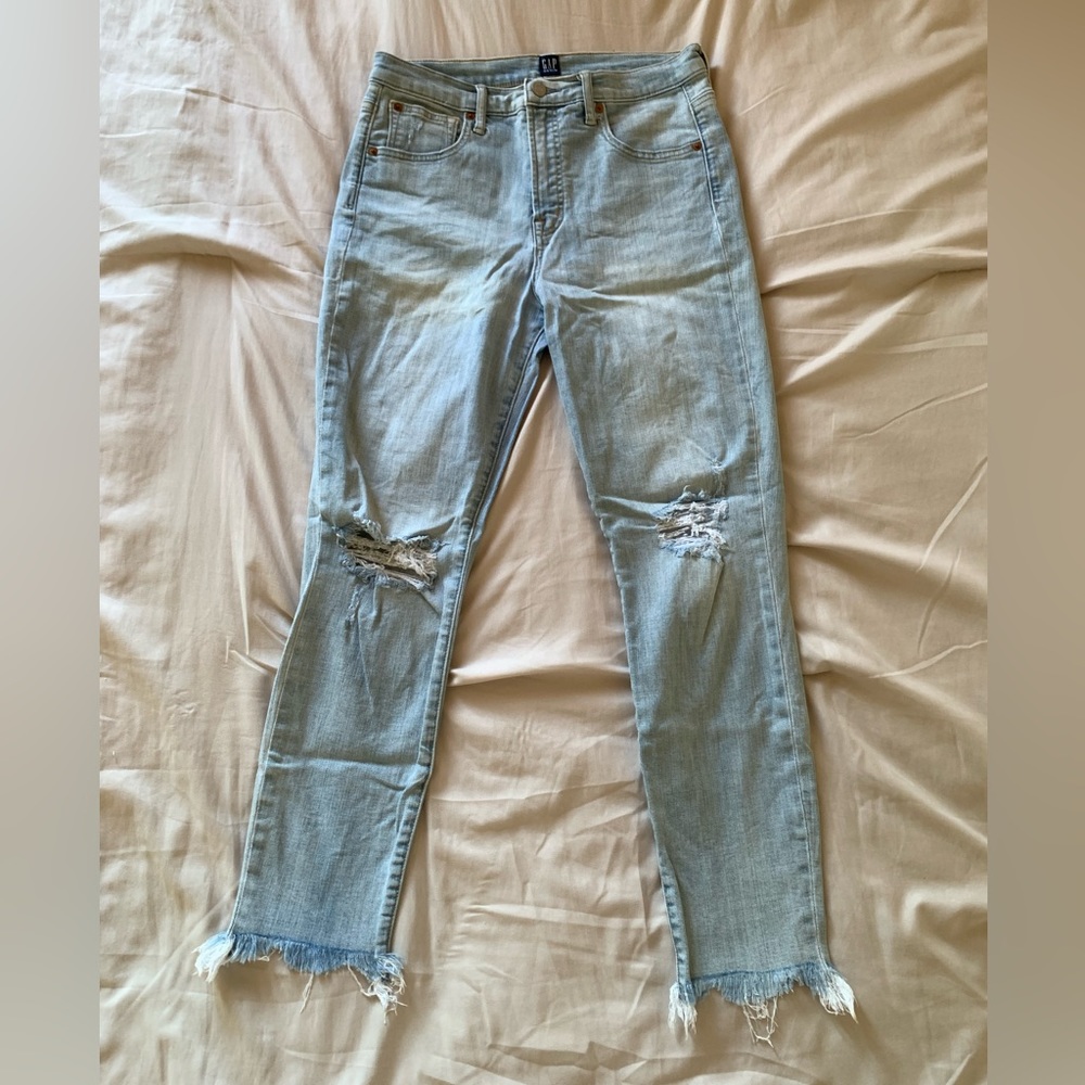 GAP High Waisted Distressed Skinny Jeans with Frayed Bottoms and Knee Slits